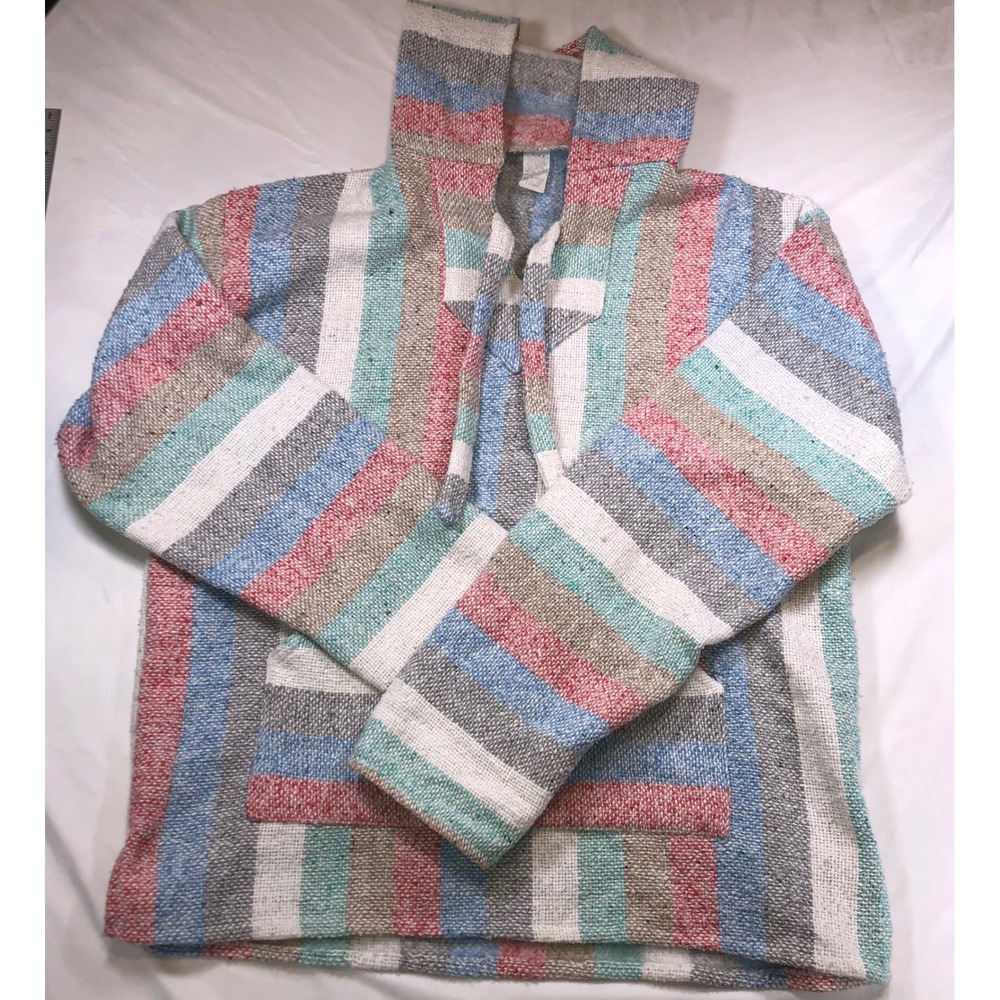 Molina Mexican Baja Hoodie Striped Pullover Blue Red Teal Large Made in Mexico